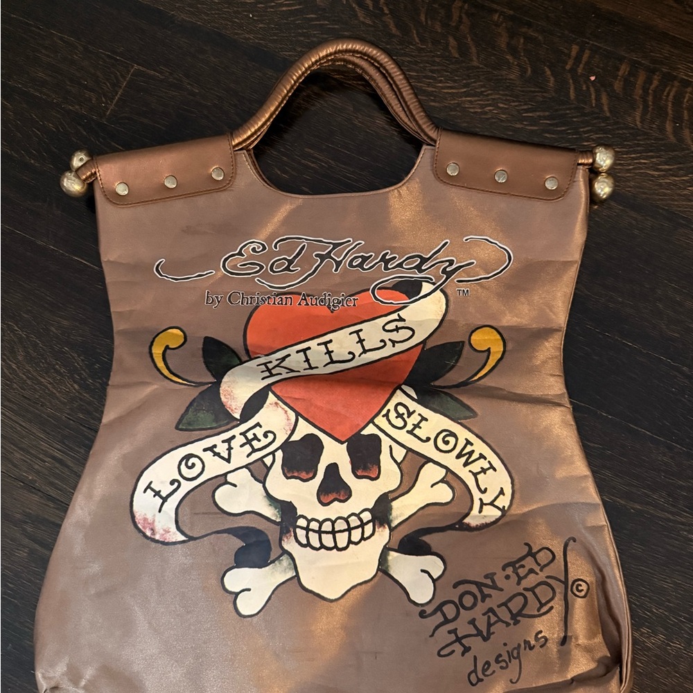 Ed Hardy Brown Tote with Skull Design